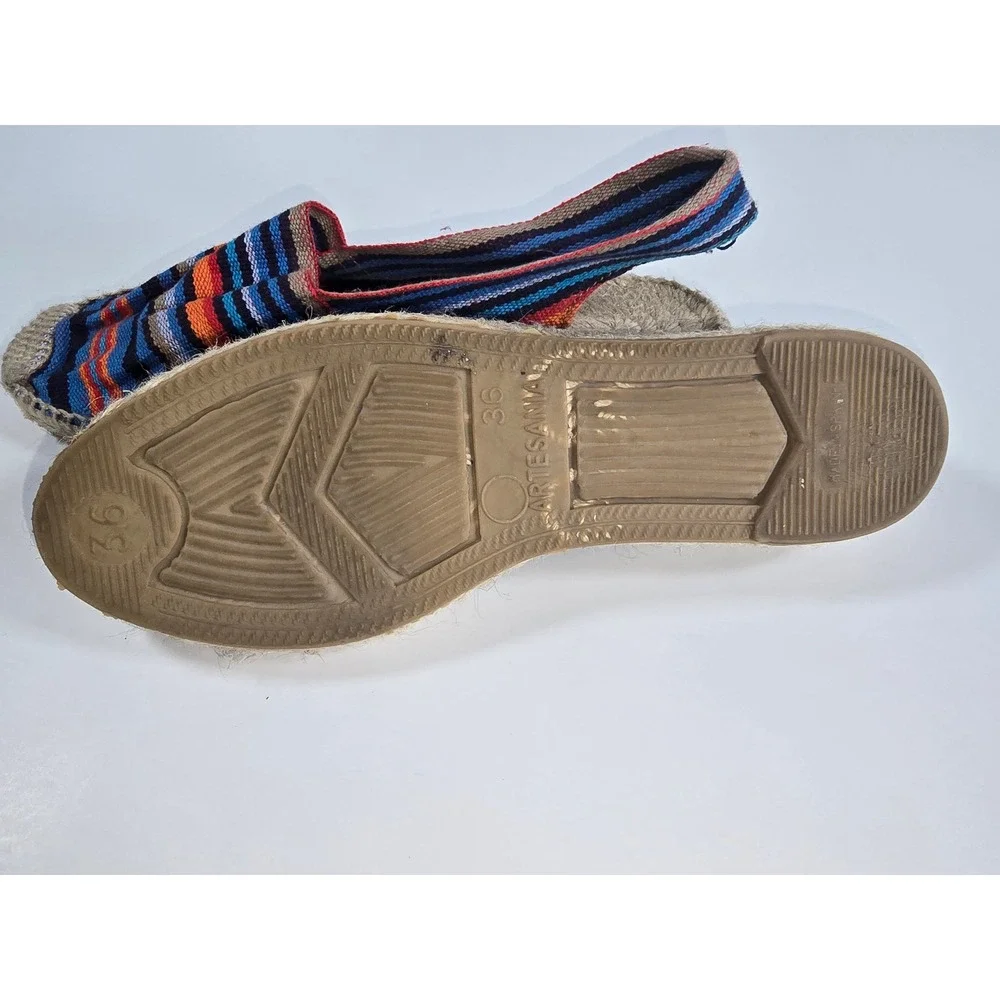 Artesania Spain Woven Espadrille Sandals Blue Orange Striped Slingback Size 36